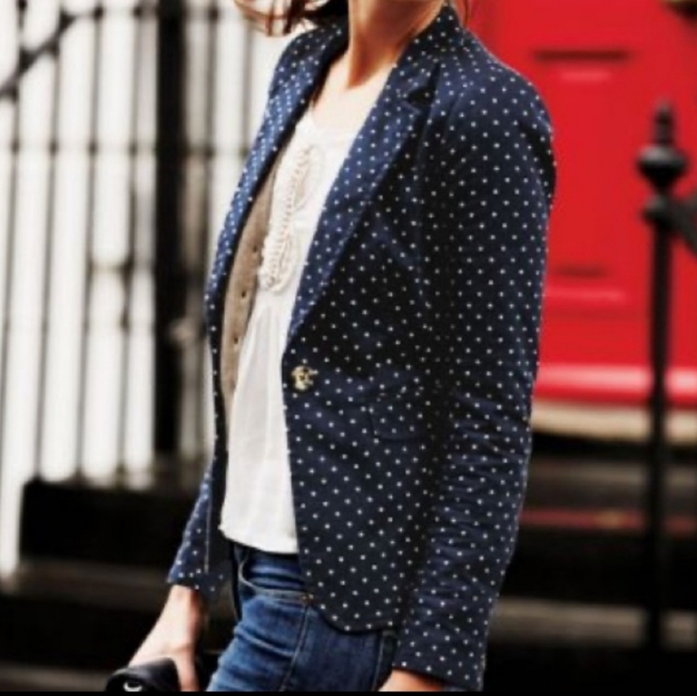 Boden Women's Blazer Navy Blue Polka-dot Size 8 Cotton